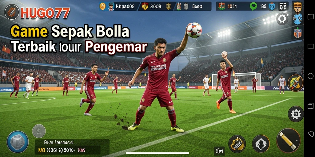 Tampilan gameplay HUGO77 dengan aksi sepak bola seru.