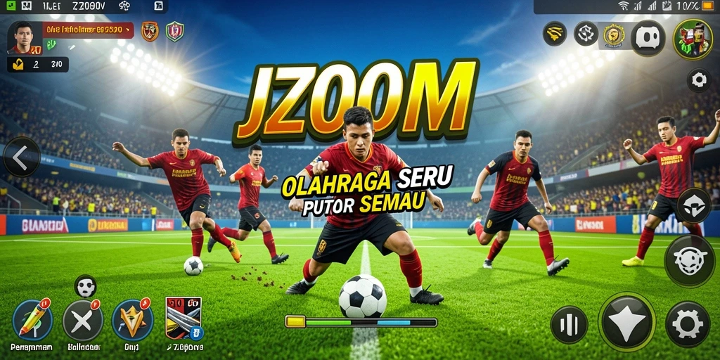 Tangkapan layar utama J200M menampilkan aksi penuh di lapangan olahraga.