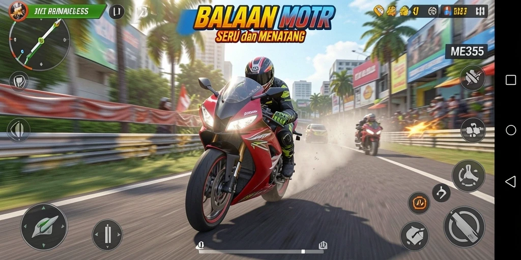 Gameplay seru dan mendebarkan di ME355 saat balapan motor.