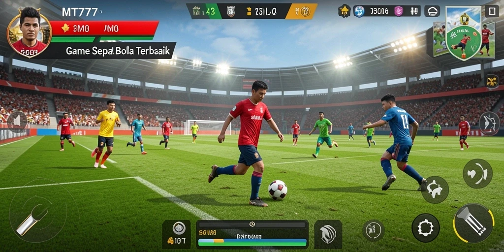 Screenshot MT777 menampilkan aksi seru di lapangan sepak bola.