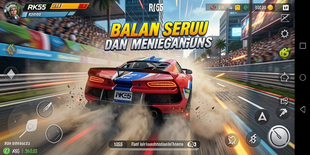 Screenshot gameplay RK55 menampilkan aksi balapan yang mendebarkan.