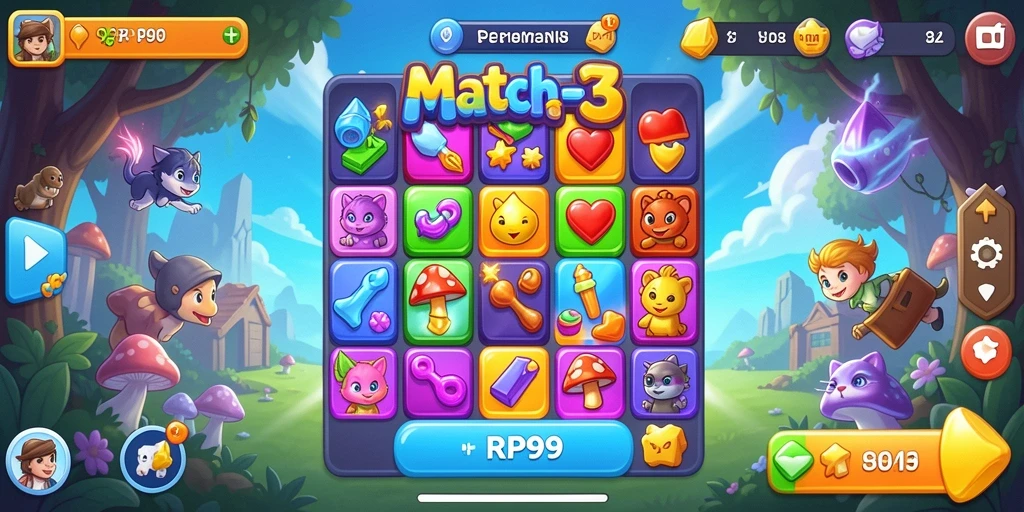 Screenshot gameplay RP99 menampilkan serunya mencocokkan permata dalam level yang penuh warna.